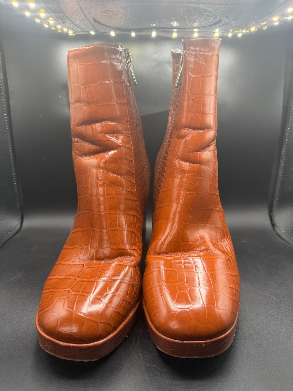 ASOS Cognac Croc-Embossed Platform Ankle Boots